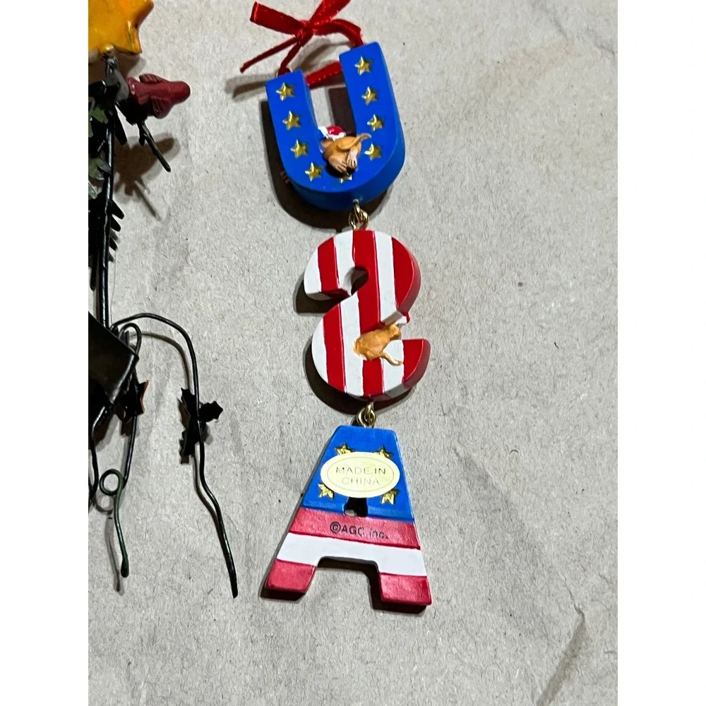 AGC Inc. OS Patriotic Ornaments Red White Blue‎ Metal Santa USA 2001 Mice Set 2